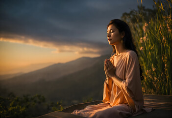 A beautiful women grateful to universe by doing meditation. Girl meditating in mountain