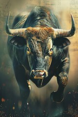 A bitcoin bull in sharp focus against a volatile market background - obrazy, fototapety, plakaty
