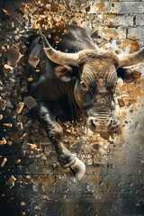 A bull breaking through a bitcoin wall symbolizing breakthroughs in investment focus