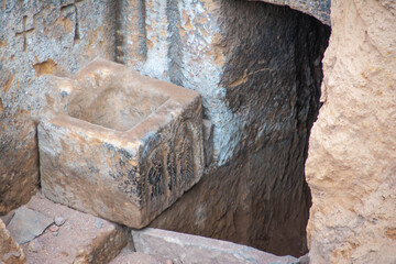 Medieval tomb underground. Entrance to the tomb