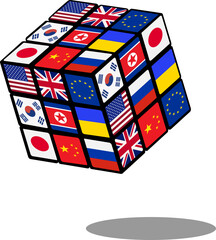 An icon with complex international relations intertwined like a cube, 복잡한 국제관계가 큐브처럼 얽혀있는 아이콘
