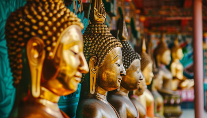 Golden Buddha statues radiating divinity at a traditional temple in Thailand - representing the richness of Buddhist art and culture.