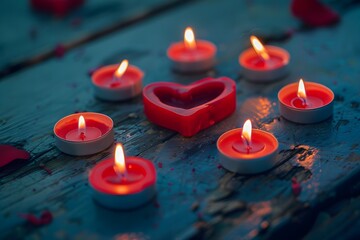 Burning candles on a wooden table.