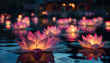 Vibrant lotus lanterns illuminating a Buddhist festival - embodying enlightenment and the symbolic purity of heart and mind in Buddhism.