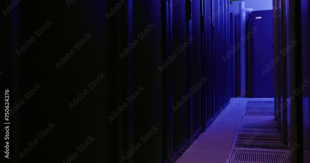 Poster Server room, dark and neon light for information technology, cybersecurity or data protection background. System, machine and hardware in basement and hacking in data center for engineering at night