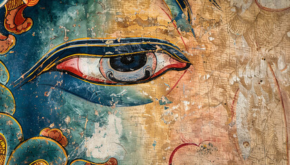 Detailed close-up of a vibrant Buddhist thangka painting - showcasing the intricate and symbolic...