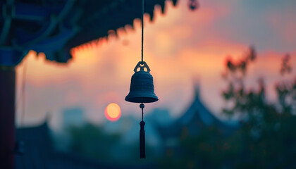Buddhist temple bell being struck at dawn