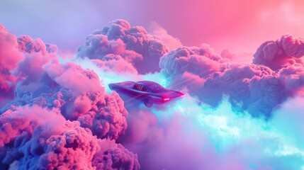 Autonomous flying carpets navigating through colorful neon clouds - obrazy, fototapety, plakaty