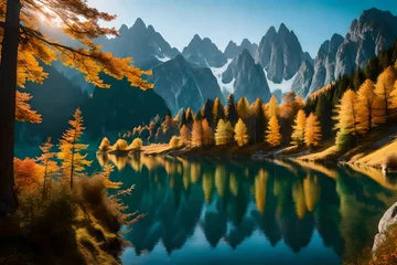 Foto op Canvas Peaceful autumn scene of Vorderer ( Gosausee ) lake with Dachstein glacieron background. © MSohail