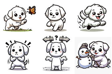 かわいい犬のキャラクターのイラスト。元気に遊んだり歩いたりする白い犬のイラストセット