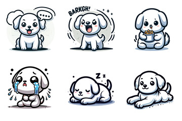 白い犬のキャラクターのイラストセット。話す犬、吠える犬、食べる犬など