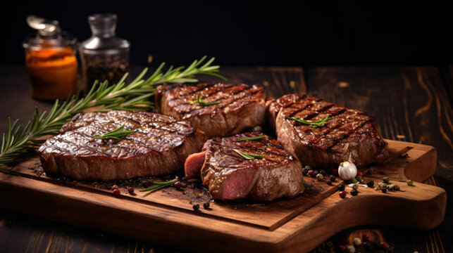 Beef Rib Eye Steak Slices On Wooden Board With Her