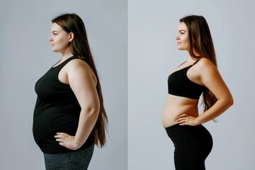 woman before and after weight loss on gray background