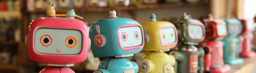 Pastel robots learning whimsical crafts from elves - obrazy, fototapety, plakaty