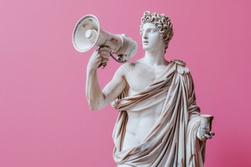 greek statue holding loudspeaker on pink background, advertising or communication concept with copy space