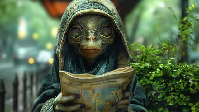 An alien with a map on a city street