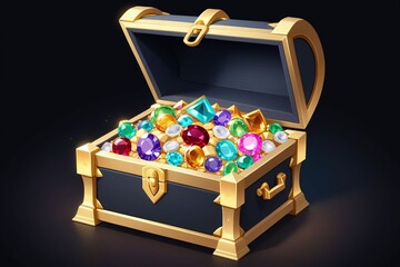 A treasure chest filled with many golds and gems on a dark background, horizontal composition