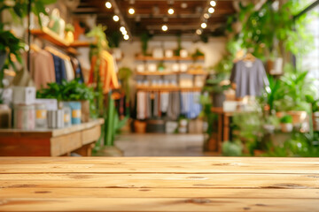 Fototapeta na wymiar Wooden empty table for montage your products against blurred Cozy interior of sustainable apparel shop. Eco friendly shopping concept. Scene stage showcase for promotion sale or advertising