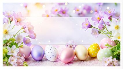 Naklejka na ściany i meble Happy Easter banner with spring flowers background and Easter eggs. Greeting card.