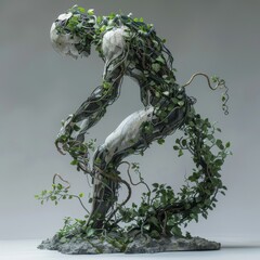 A conceptual sculpture of a robot overtaken by vines and leaves, illustrating the intersection of technology and nature.