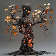 An abstract sculpture representing the fusion of technology and nature, with a robot engulfed by vines and leaves.