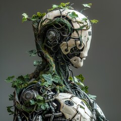 An abstract sculpture representing the fusion of technology and nature, with a robot engulfed by vines and leaves.