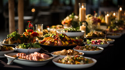 Naklejka na ściany i meble Catering Food Wedding Event Table Buffet table full of food in a luxury hotel