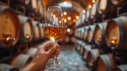 Fotobehang glass of wine in hand wine cellar background © AllFOOD