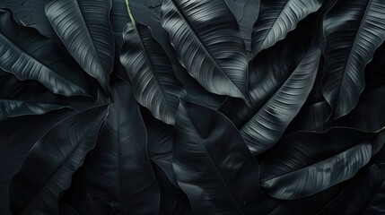 Black leaves on a dark concrete background top view - obrazy, fototapety, plakaty
