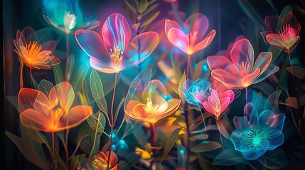 Neon light glowing flowers