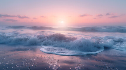 A photo featuring the tranquil beauty of a coastal landscape at dawn, with the soft light of the rising sun illuminating the horizon. Highlighting the peacefulness of the morning and the timeless allu