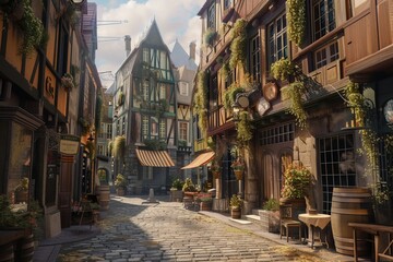 A photo showcasing a cobblestone street in a charming European cityscape, with a prominent clock tower in the background. - obrazy, fototapety, plakaty