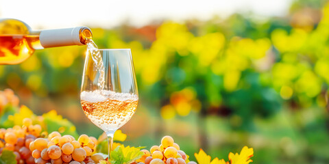White wine lying in glass is elegantly juxtaposed with ripe vineyard grapes basking in the golden...