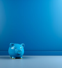 Ceramic piggy bank on blue wall background. Money safe and investment concept.