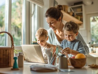 A parent multitasking by ordering household essentials online while tending to their children