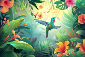 A vibrant painting capturing the movement of a hummingbird as it flies through a lush jungle filled with flowers.