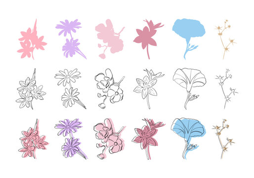 Vector set of simple multicolored and black stroked flowers