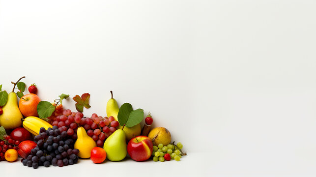Variety of fruits, including grapes, apples, pears, and strawberries, arranged on a white background. Space for text.