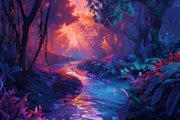 A gentle stream winds its way through a lush and vibrant green forest.