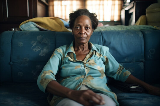 Middle-aged woman sits on a sofa in the living room and looks at the camera with a smile on her face