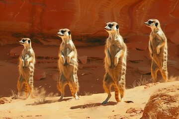 A group of meerkats standing guard on their hind legs, overlooking a sandy hill.