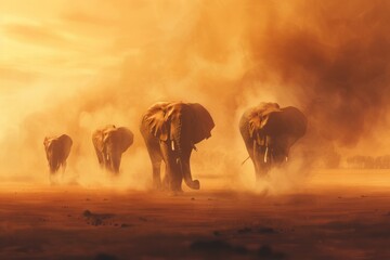 A group of wise old elephants trekking through a dirt field.