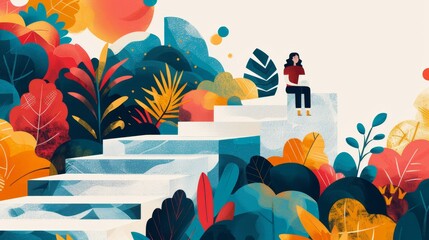 Stylized illustration of a person sitting on stairs among vibrant abstract foliage. Artistic nature and solitude concept. Design for poster, wallpaper, banner