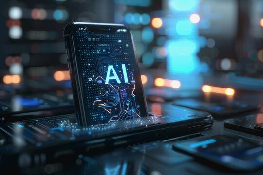 Mobile technology with text "AI" on screen, abstract background technology. AI Generated