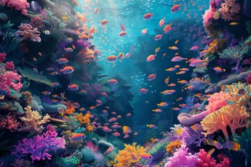 Fototapeta na wymiar A colorful painting depicting a lively coral reef, filled with a diverse array of fish.