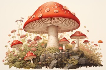 a group of mushrooms growing on rocks - obrazy, fototapety, plakaty