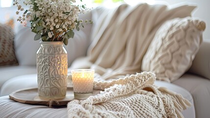 A tastefully decorated home space with focus on a scented candle and fresh flowers giving a serene vibe