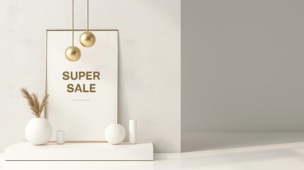 A chic sale sign in a contemporary setting with minimalistic design elements, highlighting a super sale event