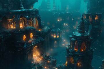 In this scene from the movie The Shape of Water, a mystical underwater city filled with glowing sea creatures is showcased.