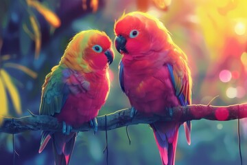 Obraz premium A pair of lovebirds showcasing their vibrant colors while sitting on a tree branch.